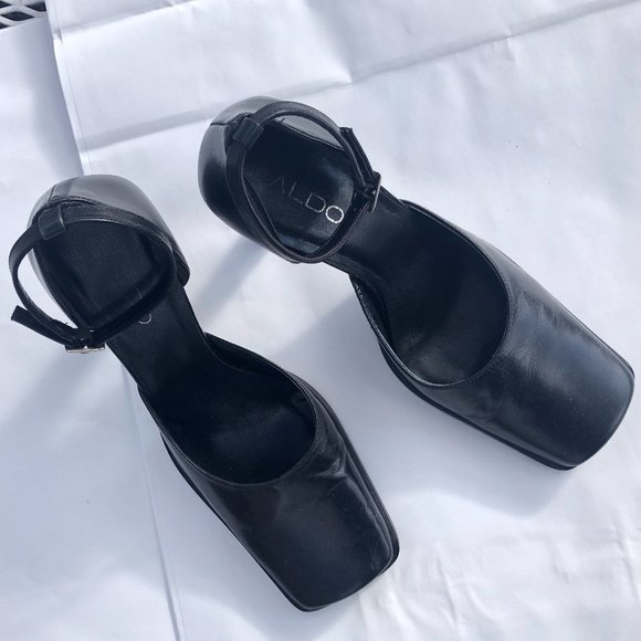 Aldo Black Suede Square-Toe Ankle Strap Heels - Picture 1 of 10